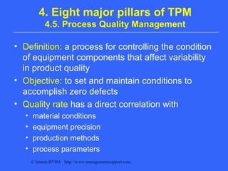 © Imants BVBA http://www.managementsupport.com
4. Eight major pillars of TPM
4.5. Process Quality Management
• Definition: a process for controlling the condition
of equipment components that affect variability
in product quality
• Objective: to set and maintain conditions to
accomplish zero defects
• Quality rate has a direct correlation with
• material conditions
• equipment precision
• production methods
• process parameters
 