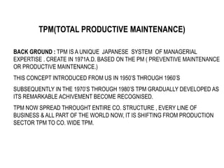 TPM(TOTAL PRODUCTIVE MAINTENANCE)
BACK GROUND : TPM IS A UNIQUE JAPANESE SYSTEM OF MANAGERIAL
EXPERTISE . CREATE IN 1971A.D. BASED ON THE PM ( PREVENTIVE MAINTENANCE
OR PRODUCTIVE MAINTENANCE.)
THIS CONCEPT INTRODUCED FROM US IN 1950’S THROUGH 1960’S
SUBSEQUENTLY IN THE 1970’S THROUGH 1980’S TPM GRADUALLY DEVELOPED AS
ITS REMARKABLE ACHIVEMENT BECOME RECOGNISED.
TPM NOW SPREAD THROUGHT ENTIRE CO. STRUCTURE , EVERY LINE OF
BUSINESS & ALL PART OF THE WORLD NOW, IT IS SHIFTING FROM PRODUCTION
SECTOR TPM TO CO. WIDE TPM.
 