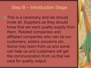 Step B – Introduction Stage
This is a ceremony and we should
invite all. Suppliers as they should
know that we want quality supply from
them. Related companies and
affiliated companies who can be our
customers, sisters concerns etc.
Some may learn from us and some
can help us and customers will get
the communication from us that we
care for quality output.
 