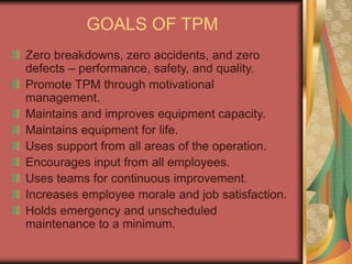 GOALS OF TPM
Zero breakdowns, zero accidents, and zero
defects – performance, safety, and quality.
Promote TPM through motivational
management.
Maintains and improves equipment capacity.
Maintains equipment for life.
Uses support from all areas of the operation.
Encourages input from all employees.
Uses teams for continuous improvement.
Increases employee morale and job satisfaction.
Holds emergency and unscheduled
maintenance to a minimum.
 