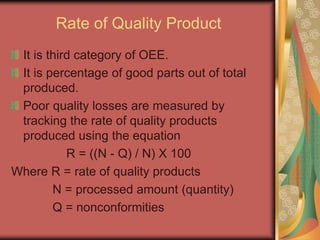 Rate of Quality Product
It is third category of OEE.
It is percentage of good parts out of total
produced.
Poor quality losses are measured by
tracking the rate of quality products
produced using the equation
R = ((N - Q) / N) X 100
Where R = rate of quality products
N = processed amount (quantity)
Q = nonconformities
 