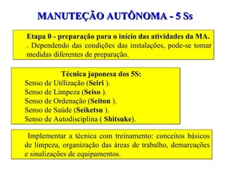 MANUTEÇÃO AUTÔNOMA - 5 Ss Etapa 0 - preparação para o início das atividades da MA.   . Dependendo das condições das instalações, pode-se tomar medidas diferentes de preparação.  Técnica japonesa dos 5S: Senso de Utilização ( Seiri  ). Senso de Limpeza ( Seiso  ). Senso de Ordenação ( Seiton  ). Senso de Saúde ( Seiketsu  ). Senso de Autodisciplina (  Shitsuke ). Implementar a técnica com treinamento: conceitos básicos de limpeza, organização das áreas de trabalho, demarcações e sinalizações de equipamentos. 