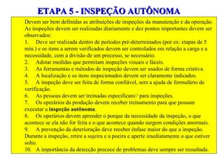 ETAPA 5 - INSPEÇÃO AUTÔNOMA Devem ser bem definidas as atribuições de inspeções da manutenção e da operação. As inspeções devem ser realizadas diariamente e dez pontos importantes devem ser observados: 1. Deve ser realizada dentro de períodos pré-determinados (por ex: etapas de 5 min.) e os itens a serem verificados devem ser controlados em relação a carga e a necessidade, com a divisão de um processo, se necessário. 2. Adotar medidas que permitam inspeções visuais e fáceis. 3. As ferramentas e métodos de inspeção devem ser usados de forma criativa. 4. A localização e os itens inspecionados devem ser claramente indicados. 5. A inspeção deve ser feita de forma confiável, sem a ajuda de formulário de verificação. 6. As pessoas devem ser treinadas especificam// para inspeções. 7. Os operários da produção devem receber treinamento para que possam executar a  inspeção autônoma . 8. Os operários devem aprender o porque da necessidade da inspeção, o que acontece se ela não for feita e o que acontece quando surgem condições anormais. 9. A prevenção da deterioração deve receber ênfase maior do que a inspeção.  Durante a inspeção, retire a sujeira e a poeira e aperte imediatamente o que estiver solto. 10. A importância da detecção precoce de problemas deve sempre ser ressaltada. 