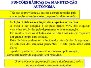 FUNÇÕES BÁSICAS DA MANUTENÇÃO AUTÔNOMA Três são as providências básicas a serem tomadas pela manutenção, visando apoiar o reparo das deteriorações: 1-   Ação rápida na resolução das etiquetas vermelhas :  A meta a ser atingida é de pelo menos 90% das etiquetas vermelhas resolvidas pelo departamento de manutenção.  Em muitos casos os defeitos são de difícil solução ou requerem um grande tempo para solução.  Estes defeitos podem ser solucionados através do planejamento de soluções das etiquetas pendentes.  Neste plano deve estar claro:  . qual é o problema, quem será responsável pela solução,  . como será resolvido e quando será resolvido. O envolvimento da produção aqui é fundamental, pois o reparo exigirá a parada da máquina. 