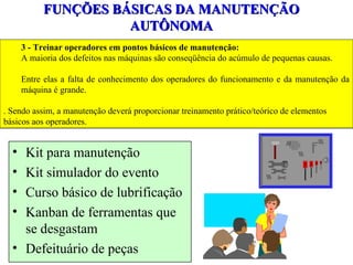FUNÇÕES BÁSICAS DA MANUTENÇÃO AUTÔNOMA Kit para manutenção Kit simulador do evento Curso básico de lubrificação Kanban de ferramentas que se desgastam Defeituário de peças 3 - Treinar operadores em pontos básicos de manutenção: A maioria dos defeitos nas máquinas são conseqüência do acúmulo de pequenas causas.  Entre elas a falta de conhecimento dos operadores do funcionamento e da manutenção da máquina é grande.  . Sendo assim, a manutenção deverá proporcionar treinamento prático/teórico de elementos básicos aos operadores. 