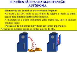 FUNÇÕES BÁSICAS DA MANUTENÇÃO AUTÔNOMA Eliminação das causas de deterioração forçada: Na etapa 2 da MA cuida-se das fontes de sujeira e locais de difícil acesso para limpeza/lubrificação/inspeção.  A manutenção é quem implantará estas melhorias, que se dividem em duas fases: Aplicação de melhorias individuais nas fontes importantes. Orientar as medidas contra as fontes através da MA. 