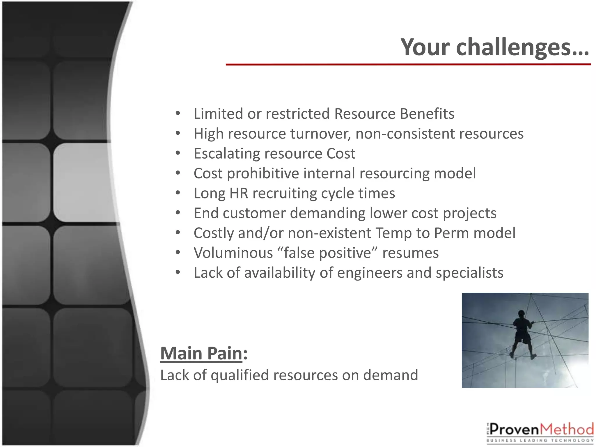 Your challenges…

  •   Limited or restricted Resource Benefits
  •   High resource turnover, non-consistent resources
  •   Escalating resource Cost
  •   Cost prohibitive internal resourcing model
  •   Long HR recruiting cycle times
  •   End customer demanding lower cost projects
  •   Costly and/or non-existent Temp to Perm model
  •   Voluminous “false positive” resumes
  •   Lack of availability of engineers and specialists



Main Pain:
Lack of qualified resources on demand
 