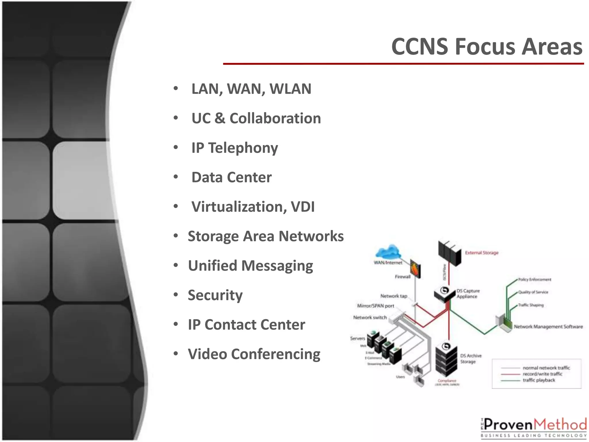 CCNS Focus Areas
• LAN, WAN, WLAN
• UC & Collaboration
• IP Telephony
• Data Center
• Virtualization, VDI
• Storage Area Networks
• Unified Messaging
• Security
• IP Contact Center
• Video Conferencing
 