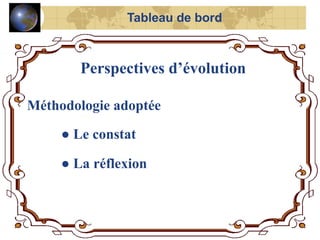 Perspectives d’évolution
Méthodologie adoptée
● Le constat
● La réflexion
Tableau de bord
 