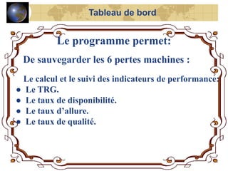 De sauvegarder les 6 pertes machines :
Le calcul et le suivi des indicateurs de performance:
● Le TRG.
● Le taux de disponibilité.
● Le taux d’allure.
● Le taux de qualité.
Le programme permet:
Tableau de bord
 