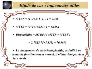 • MTBF = (4+2+3+1+1) / 4 = 2,75h
• MTTR = (2+1+1+0,5) / 4 = 1,125h
• Disponibilité = MTBF / ( MTTR + MTBF )
= 2,75/(2,75+1,125) = 70,96%
• Le changement de série étant planifié, assimilé à un
temps de fonctionnement normal, il n'intervient pas dans
les calculs
Etude de cas : indicateurs utiles
 