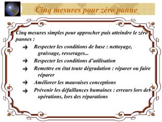 Cinq mesures pour zéro panne
• Cinq mesures simples pour approcher puis atteindre le zéro
pannes :
Respecter les conditions de base : nettoyage,
graissage, resserages...
Respecter les conditions d’utilisation
Remettre en état toute dégradation : réparer ou faire
réparer
Améliorer les mauvaises conceptions
Prévenir les défaillances humaines : erreurs lors des
opérations, lors des réparations
 