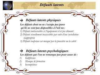 Défauts latents
Défauts latents physiques
Les défauts dont on ne s’occupe pas parce
qu’ils ne sont pas disponibles à l’œil nu :
1) Défauts inobservables si l’équipement n’est pas démonté
2) Défauts visuellement inaccessibles par suite d’une installation
inappropriée
3) Défauts inaperçus car masqué par la poussière ou la saleté
Défauts latents psychologiques
Les défauts que l’on ne remarque pas pour cause de :
1) Indifférence
2) Manque de formation
3) Incompétence
 