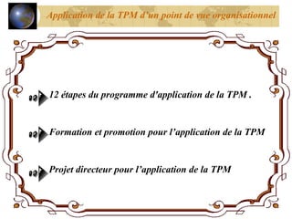 Application de la TPM d’un point de vue organisationnel
12 étapes du programme d'application de la TPM .
Formation et promotion pour l’application de la TPM
Projet directeur pour l’application de la TPM
 