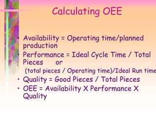 Calculating OEE
• Availability = Operating time/planned
production
• Performance = Ideal Cycle Time / Total
Pieces or
(total pieces / Operating time)/Ideal Run time
• Quality = Good Pieces / Total Pieces
• OEE = Availability X Performance X
Quality
 