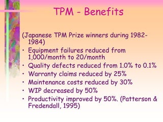 TPM - Benefits
(Japanese TPM Prize winners during 1982-
1984)
• Equipment failures reduced from
1,000/month to 20/month
• Quality defects reduced from 1.0% to 0.1%
• Warranty claims reduced by 25%
• Maintenance costs reduced by 30%
• WIP decreased by 50%
• Productivity improved by 50%. (Patterson &
Fredendall, 1995)
 