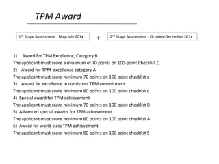 TPM Award
1) Award for TPM Excellence, Category B
The applicant must score a minimum of 70 points on 100-point Checklist C.
2) Award for TPM excellence category A
The applicant must score minimum 70 points on 100 point checklist c
3) Award for excellence in consistent TPM commitment
The applicant must score minimum 80 points on 100 point checklist c
4) Special award for TPM achievement
The applicant must score minimum 70 points on 100 point checklist B
5) Advanced special awards for TPM achievement
The applicant must score minimum 80 points on 100 point checklist A
6) Award for world class TPM achievement
The applicant must score minimum 80 points on 100 point checklist S
1st Stage Assessment : May-July 201x 2nd Stage Assessment : October-December 201x
+
 
