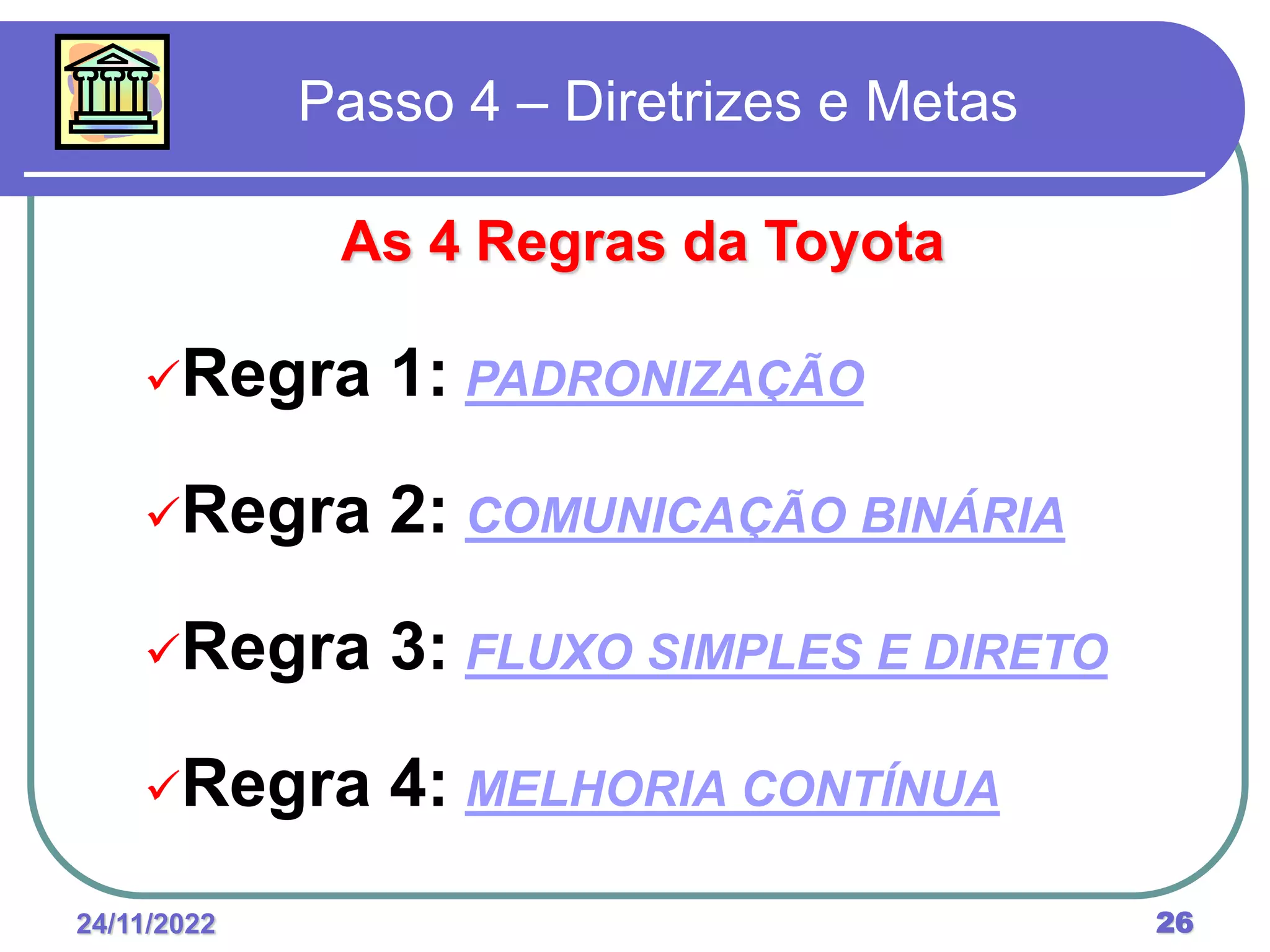 24/11/2022 26
Passo 4 – Diretrizes e Metas
As 4 Regras da Toyota
Regra 1: PADRONIZAÇÃO
Regra 2: COMUNICAÇÃO BINÁRIA
Regra 3: FLUXO SIMPLES E DIRETO
Regra 4: MELHORIA CONTÍNUA
 