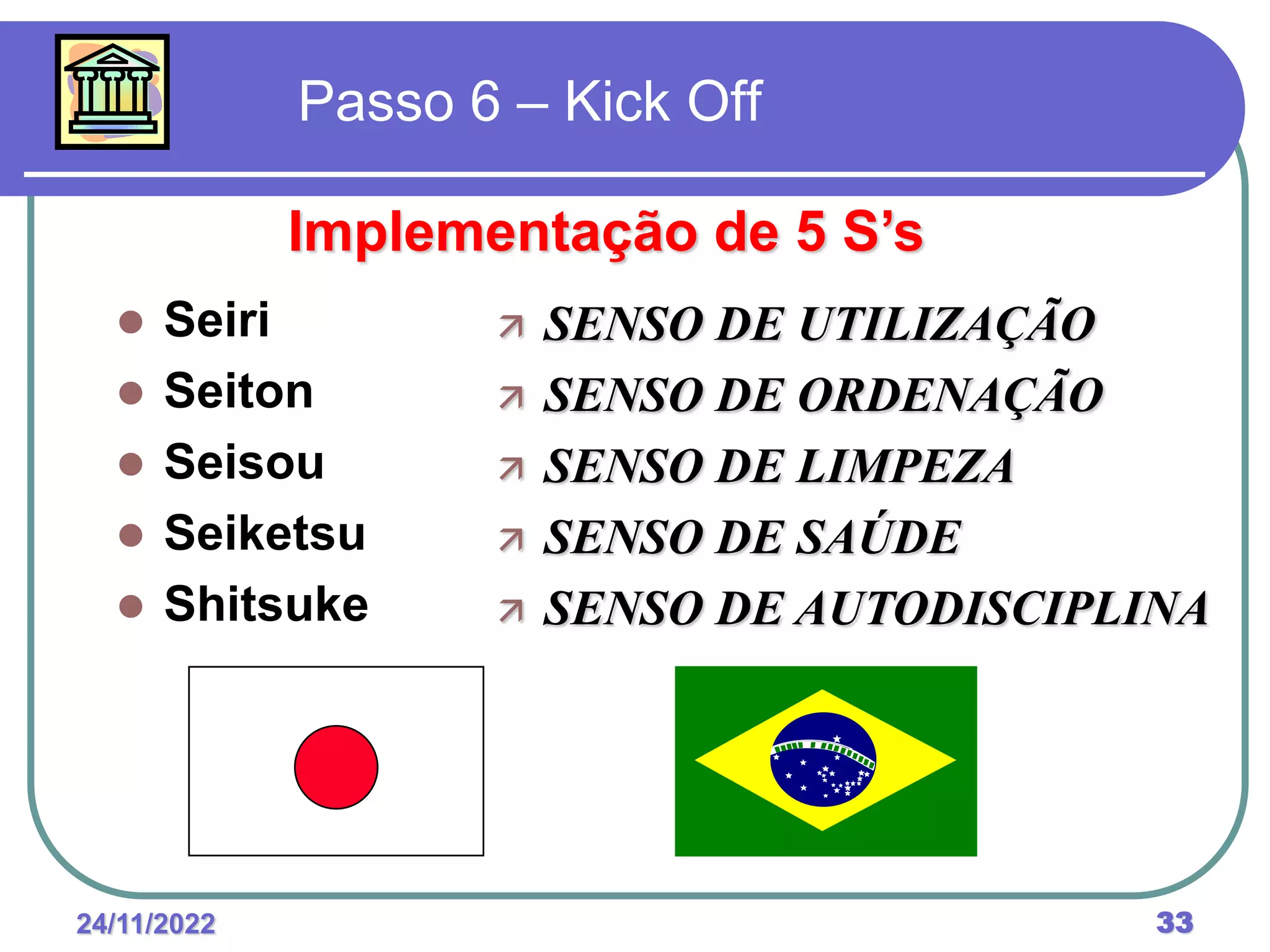 24/11/2022 33
 Seiri
 Seiton
 Seisou
 Seiketsu
 Shitsuke
 SENSO DE UTILIZAÇÃO
 SENSO DE ORDENAÇÃO
 SENSO DE LIMPEZA
 SENSO DE SAÚDE
 SENSO DE AUTODISCIPLINA
Passo 6 – Kick Off
Implementação de 5 S’s
 