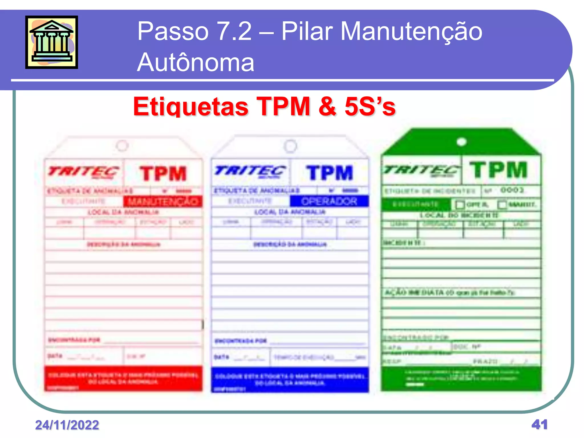24/11/2022 41
Passo 7.2 – Pilar Manutenção
Autônoma
Etiquetas TPM & 5S’s
 