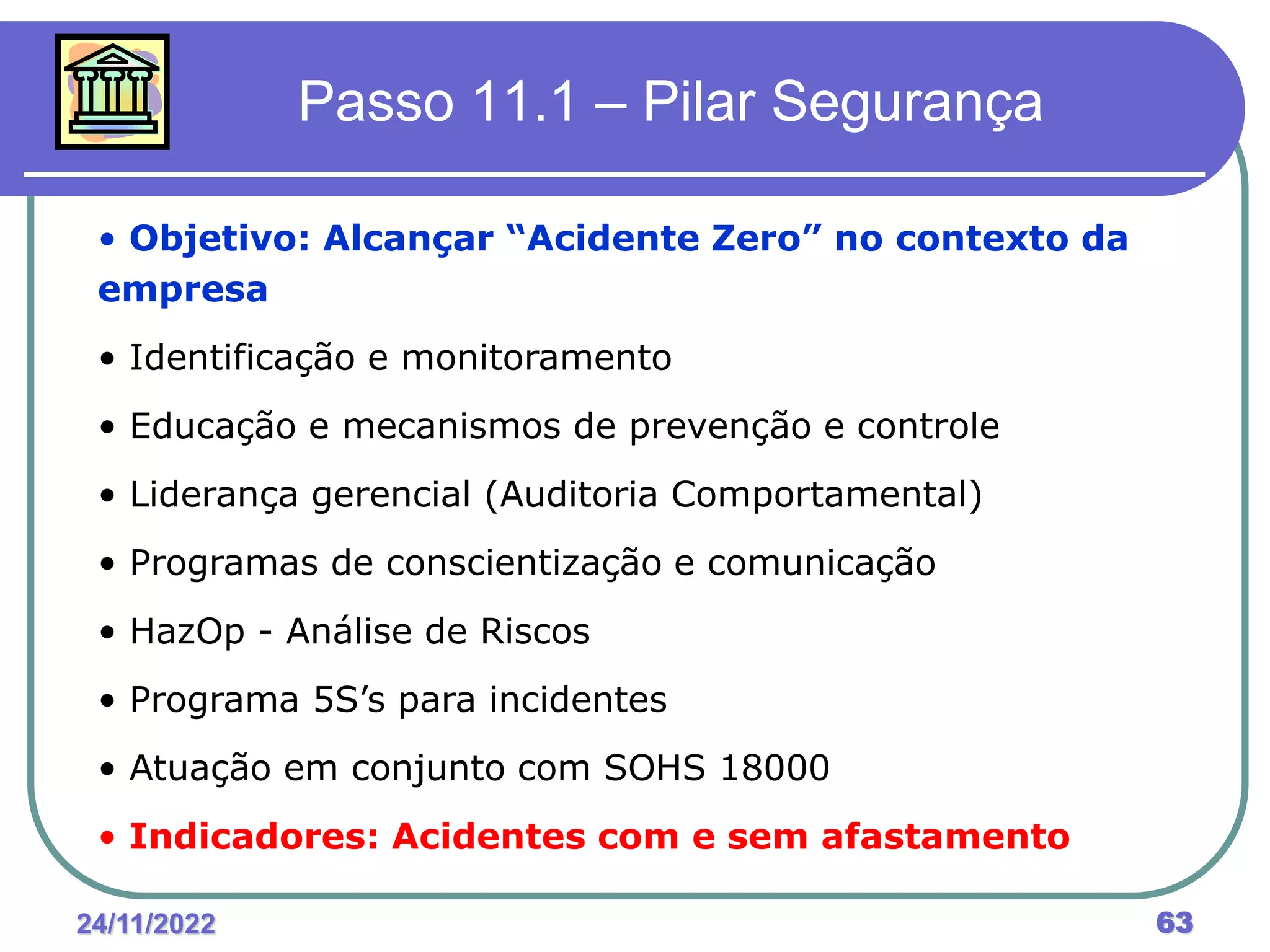 24/11/2022 63
Passo 11.1 – Pilar Segurança
• Objetivo: Alcançar “Acidente Zero” no contexto da
empresa
• Identificação e monitoramento
• Educação e mecanismos de prevenção e controle
• Liderança gerencial (Auditoria Comportamental)
• Programas de conscientização e comunicação
• HazOp - Análise de Riscos
• Programa 5S’s para incidentes
• Atuação em conjunto com SOHS 18000
• Indicadores: Acidentes com e sem afastamento
 