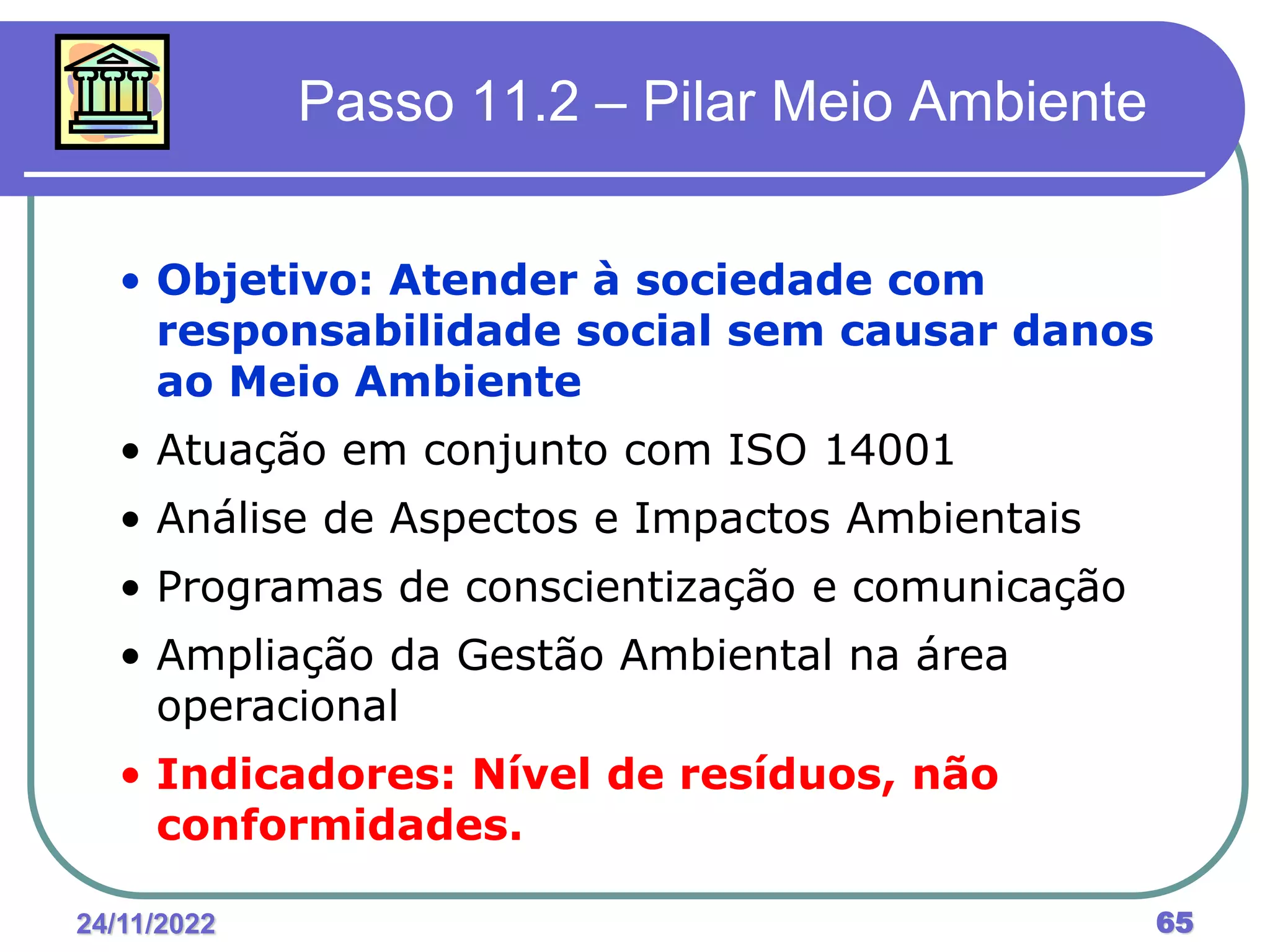 24/11/2022 65
Passo 11.2 – Pilar Meio Ambiente
• Objetivo: Atender à sociedade com
responsabilidade social sem causar danos
ao Meio Ambiente
• Atuação em conjunto com ISO 14001
• Análise de Aspectos e Impactos Ambientais
• Programas de conscientização e comunicação
• Ampliação da Gestão Ambiental na área
operacional
• Indicadores: Nível de resíduos, não
conformidades.
 