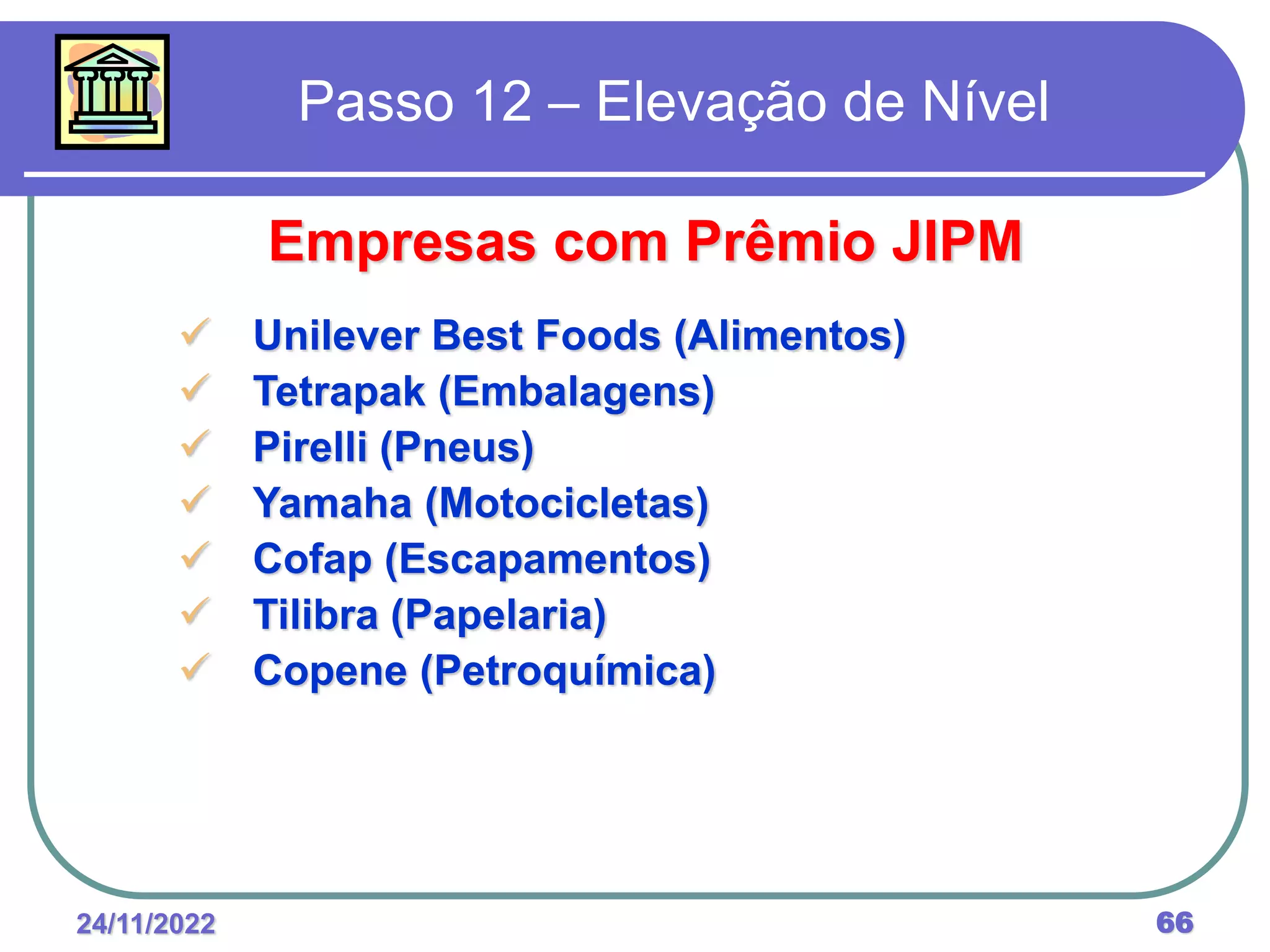 24/11/2022 66
Passo 12 – Elevação de Nível
Empresas com Prêmio JIPM
 Unilever Best Foods (Alimentos)
 Tetrapak (Embalagens)
 Pirelli (Pneus)
 Yamaha (Motocicletas)
 Cofap (Escapamentos)
 Tilibra (Papelaria)
 Copene (Petroquímica)
 