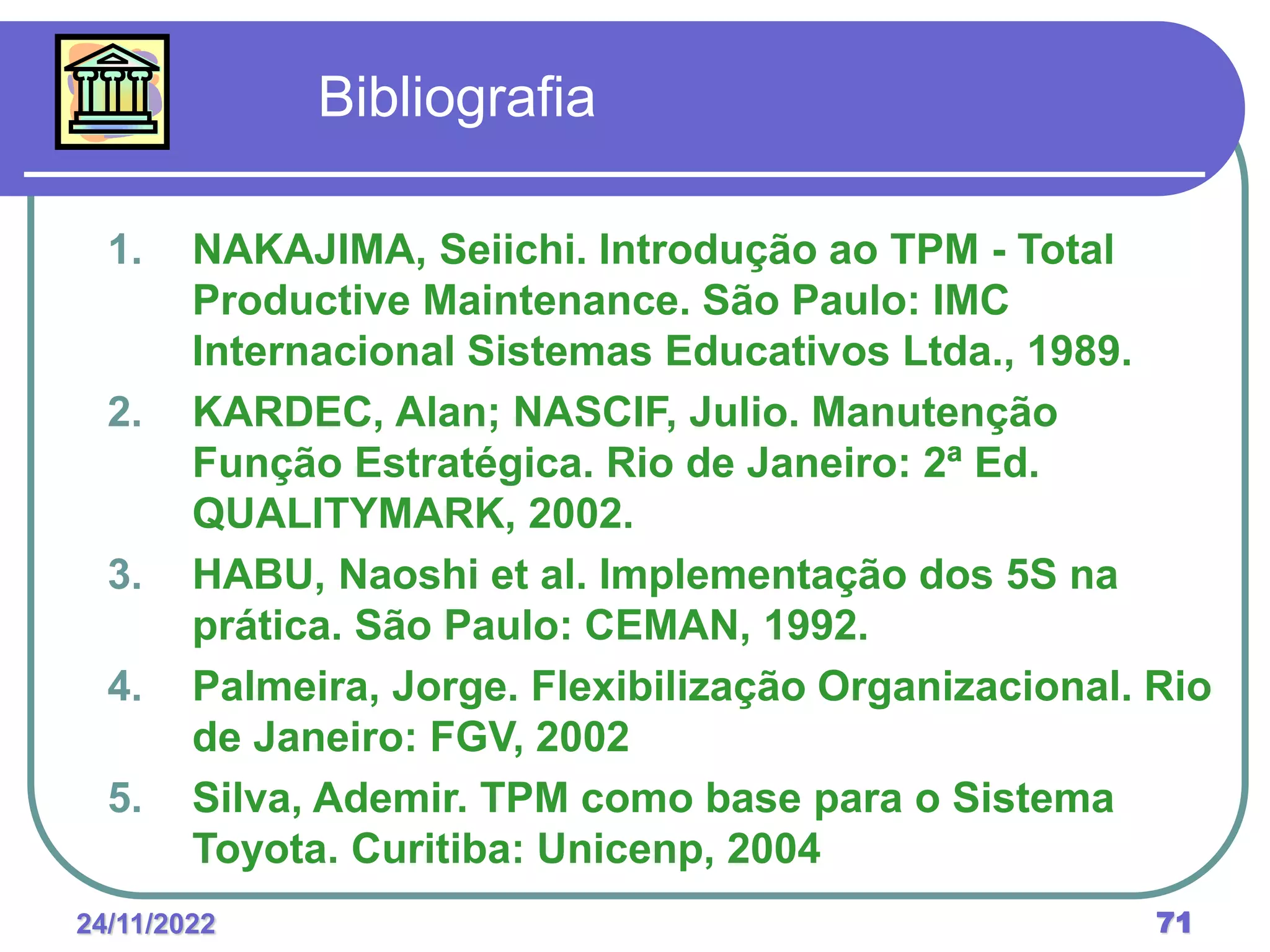 24/11/2022 71
1. NAKAJIMA, Seiichi. Introdução ao TPM - Total
Productive Maintenance. São Paulo: IMC
Internacional Sistemas Educativos Ltda., 1989.
2. KARDEC, Alan; NASCIF, Julio. Manutenção
Função Estratégica. Rio de Janeiro: 2ª Ed.
QUALITYMARK, 2002.
3. HABU, Naoshi et al. Implementação dos 5S na
prática. São Paulo: CEMAN, 1992.
4. Palmeira, Jorge. Flexibilização Organizacional. Rio
de Janeiro: FGV, 2002
5. Silva, Ademir. TPM como base para o Sistema
Toyota. Curitiba: Unicenp, 2004
Bibliografia
 