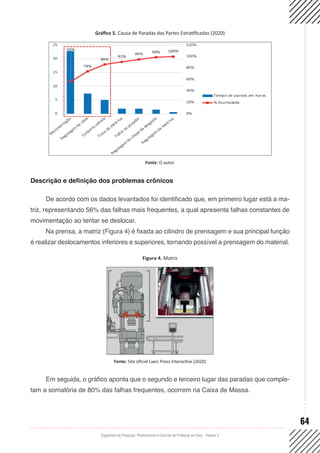 Engenharia de Produção: Planejamento e Controle da Produção em Foco - Volume 2
64
Gráfico 5. Causa de Paradas das Partes Estratificadas (2020)
Fonte: O autor.
Descrição e definição dos problemas crônicos
De acordo com os dados levantados foi identificado que, em primeiro lugar está a ma-
triz, representando 56% das falhas mais frequentes, a qual apresenta falhas constantes de
movimentação ao tentar se deslocar.
Na prensa, a matriz (Figura 4) é fixada ao cilindro de prensagem e sua principal função
é realizar deslocamentos inferiores e superiores, tornando possível a prensagem do material.
Figura 4. Matriz
Fonte: Site oficial Laeis Press Interactive (2020)
Em seguida, o gráfico aponta que o segundo e terceiro lugar das paradas que comple-
tam a somatória de 80% das falhas frequentes, ocorrem na Caixa de Massa.
 