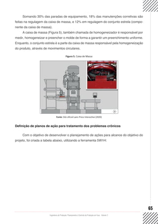 Engenharia de Produção: Planejamento e Controle da Produção em Foco - Volume 2
65
Somando 30% das paradas de equipamento, 18% das manutenções corretivas são
feitas na regulagem da caixa de massa, e 12% em regulagem do conjunto estrela (compo-
nente da caixa de massa).
A caixa de massa (Figura 5), também chamada de homogeneizador é responsável por
medir, homogeneizar e preencher o molde de forma a garantir um preenchimento uniforme.
Enquanto, o conjunto estrela é a parte da caixa de massa responsável pela homogeneização
do produto, através de movimentos circulares.
Figura 5. Caixa de Massa
Fonte: Site oficial Laeis Press Interactive (2020)
Definição de planos de ação para tratamento dos problemas crônicos
Com o objetivo de desenvolver o planejamento de ações para alcance do objetivo do
projeto, foi criada a tabela abaixo, utilizando a ferramenta 5W1H:
 