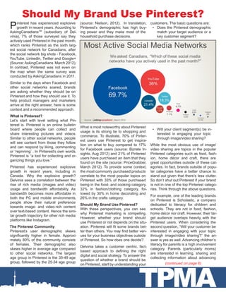 TPMA
Should My Brand Use Pinterest?
Pinterest has experienced explosive
growth in recent years. According to
AskingCanadiansTM
(subsidiary of Del-
vinia), 7% of those surveyed say they
actively used Pinterest in the past month,
which ranks Pinterest as the sixth larg-
est social network for Canadians, after
the social network big shots - Facebook,
YouTube, LinkedIn, Twitter and Google+
(Source: AskingCanadians March 2012).
In contrast, Pinterest was not even on
the map when the same survey was
conducted by AskingCanadians in 2011.
Similar to the days when Facebook and
other social networks soared, brands
are asking whether they should be on
Pinterest and how they should use it. To
help product managers and marketers
arrive at the right answer, here is some
context and a recommended approach.
What is Pinterest?
Let’s start with level setting what Pin-
terest is. Pinterest is an online bulletin
board where people can collect and
share interesting pictures and videos.
Similar to other social networks, people
will see content from those they follow
and can respond by liking, commenting
or ‘repinning’ . In Pinterest’s own words,
Pinterest is “a tool for collecting and or-
ganizing things you love.”
Pinterest has experienced explosive
growth in recent years, including in
Canada. Why the explosive growth?
Delvinia sees a correlation between the
rise of rich media (images and video)
usage and bandwidth affordability. As
bandwidth becomes more affordable in
both the PC and mobile environments,
people show their natural preference
towards image- and video-rich content
over text-based content. Hence the simi-
lar growth trajectory for other rich media
platforms like Instagram.
The Pinterest Community
Pinterest’s user demographic skews
significantly higher in female. Approxi-
mately 80% of the community consists
of females. Their demographic also
skews higher in average age compared
to other social networks. The largest
age group in Pinterest is the 35-49 age
group, followed by the 25-34 age group
(source: Nielson, 2012). In translation,
Pinterest’s demographic has high buy-
ing power and they make most of the
household purchase decisions.
What is most noteworthy about Pinterest
usage is its strong tie to shopping and
commerce. To illustrate, 70% of Pinter-
est users use Pinterest to get inspira-
tion on what to buy compared to 17%
for Facebook users (source: Bizrate In-
sights, Aug 2012) and 21% of Pinterest
users have purchased an item that they
found on the site (source: PriceGrabber,
March 2012). To provide some context,
the most commonly purchased products
correlate to the most popular topics on
Pinterest with 33% of those purchased
being in the food- and cooking category,
32% in fashion/clothing category, fol-
lowed by 30% in home decorating and
26% in the crafts category.
Should My Brand Use Pinterest?
With these perspectives, you can see
why Pinterest marketing is compelling.
However, whether your brand should
use Pinterest or not depends on the situ-
ation. Pinterest will fit some brands bet-
ter than others. You may find better ven-
ues for your business objectives outside
of Pinterest. So how does one decide?
Delvinia takes a customer centric, fact-
based approach to defining the right
digital and social strategy. To answer the
question of whether a brand should be
on Pinterest, start by understanding your
customers. The basic questions are:
•	 Does the Pinterest demographic
match your target audience or a
key customer segment?
•	 Will your client segment(s) be in-
terested in engaging your topic
through image/video sharing?
While the most obvious use of image/
video sharing are topics in the popular
Pinterest categories such as food, fash-
ion, home décor and craft, there are
great opportunities outside of these cat-
egories. In fact, brands outside of popu-
lar categories have a better chance to
stand out given that there’s less clutter.
So don’t shut out Pinterest if your brand
is not in one of the top Pinterest catego-
ries. Think through the above questions.
For example, one of the leading brands
on Pinterest is Scholastic, a company
dedicated to literacy for children and
schools. They are not in food, fashion,
home décor nor craft. However, their tar-
get audience overlaps heavily with the
Pinterest users. When considering the
second question, “Will your customer be
interested in engaging with your topic
through image/video sharing?” the an-
swer is yes as well. Advancing children’s
literacy for parents is a high involvement
category. Parents (particularly moms)
are interested in learning, sharing and
collecting information about advancing
(continued on page 6)
 