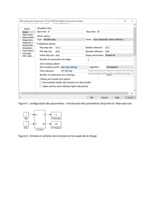 Figure 5 : configuration des paramètres : introduction des paramètres Stop time et Max step size
Figure 6 : Entrées en échelon de la tension et le couple de la charge
 
