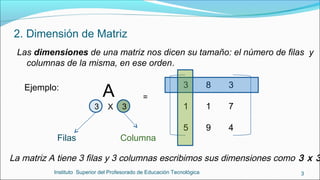 2. Dimensión de Matriz
3Instituto Superior del Profesorado de Educación Tecnológica
Ejemplo:
Las dimensiones de una matriz nos dicen su tamaño: el número de filas  y 
columnas de la misma, en ese orden.
3 3X
A
Filas Columna
3
1
5
8
1
9
3
7
4
=
La matriz A tiene 3 filas y 3 columnas escribimos sus dimensiones como 3 x 3
 