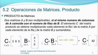7
Instituto Superior del Profesorado de Educación
Tecnológica
5.2 Operaciones de Matrices. Producto
PRODUCTO de Matrices
Dos matrices A y B son multiplicables, si el mismo numero de columnas
de A coincide con el numero de filas de B. El elemento C del matriz
producto se obtiene multiplicando cada elemento la fila i de la matriz A por
cada elemento de la fila j de la matriz B y sumandolos.
B=
3 x 1
C
1 x 3
3 8 5= C B 3x3 + 8X1 + 5X5
x = = 42
3
1
5
C=
3 x 11 x 3 1 x 1
;
;
 