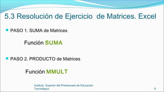 PASO 1. SUMA de Matrices
9
Instituto Superior del Profesorado de Educación
Tecnológica
5.3 Resolución de Ejercicio de Matrices. Excel
PASO 2. PRODUCTO de Matrices
Función SUMA
Función MMULT
 