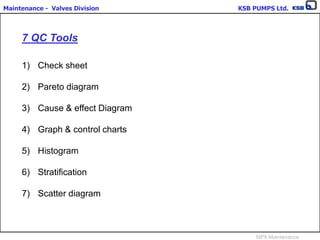 Maintenance - Valves Division KSB PUMPS Ltd.
MPA Maintenance
7 QC Tools
1) Check sheet
2) Pareto diagram
3) Cause & effect Diagram
4) Graph & control charts
5) Histogram
6) Stratification
7) Scatter diagram
 