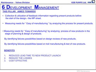 Maintenance - Valves Division KSB PUMPS Ltd.
MPA Maintenance
6 DEVELOPMENT MANAGEMENT
THIS PILLAR AIMED TOWARDS
• Collection & utilization of feedback information regarding present products before
the start of the design.- like MP sheet.
• Measuring needs for “ Easy of manufacturing “ by analyzing the process for present products.
• Measuring needs for “ Easy of manufacturing” by analyzing process of new products in the
stage of planning & design of products.
By identifying failures possibilities based on design reviews of new products.
By identifying failures possibilities based on trail manufacturing & test of new products.
BENEFITS
1. REDUCES LEAD TIME TO NEW PRODUCT LAUNCH
2. REDUCE THE LOSSES
3. COST EFFECTIVE
 
