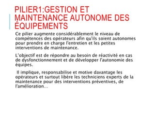PILIER1:GESTION ET
MAINTENANCE AUTONOME DES
ÉQUIPEMENTS
Ce pilier augmente considérablement le niveau de
compétences des opérateurs afin qu'ils soient autonomes
pour prendre en charge l'entretien et les petites
interventions de maintenance.
L’objectif est de répondre au besoin de réactivité en cas
de dysfonctionnement et de développer l'autonomie des
équipes.
Il implique, responsabilise et motive davantage les
opérateurs et surtout libère les techniciens experts de la
maintenance pour des interventions préventives, de
l'amélioration…
 