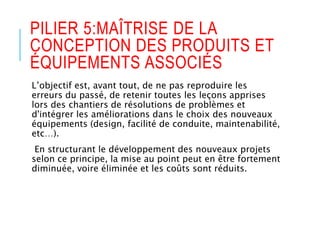 PILIER 5:MAÎTRISE DE LA
CONCEPTION DES PRODUITS ET
ÉQUIPEMENTS ASSOCIÉS
L’objectif est, avant tout, de ne pas reproduire les
erreurs du passé, de retenir toutes les leçons apprises
lors des chantiers de résolutions de problèmes et
d'intégrer les améliorations dans le choix des nouveaux
équipements (design, facilité de conduite, maintenabilité,
etc…).
En structurant le développement des nouveaux projets
selon ce principe, la mise au point peut en être fortement
diminuée, voire éliminée et les coûts sont réduits.
 