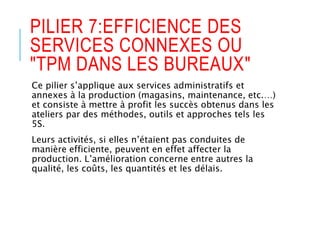 PILIER 7:EFFICIENCE DES
SERVICES CONNEXES OU
"TPM DANS LES BUREAUX"
Ce pilier s’applique aux services administratifs et
annexes à la production (magasins, maintenance, etc.…)
et consiste à mettre à profit les succès obtenus dans les
ateliers par des méthodes, outils et approches tels les
5S.
Leurs activités, si elles n’étaient pas conduites de
manière efficiente, peuvent en effet affecter la
production. L’amélioration concerne entre autres la
qualité, les coûts, les quantités et les délais.
 
