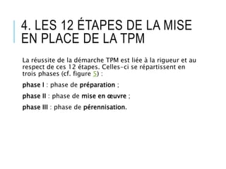 4. LES 12 ÉTAPES DE LA MISE
EN PLACE DE LA TPM
La réussite de la démarche TPM est liée à la rigueur et au
respect de ces 12 étapes. Celles-ci se répartissent en
trois phases (cf. figure 5) :
phase I : phase de préparation ;
phase II : phase de mise en œuvre ;
phase III : phase de pérennisation.
 