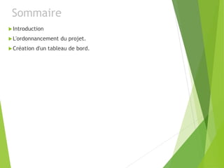 Sommaire
Introduction
L'ordonnancement du projet.
Création d'un tableau de bord.
 