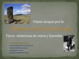 Déjate atrapar por la



Tierra misteriosa de mitos y leyendas
  Prestadores de servicio:
  mesetadesomuncura.com.ar
  mesetainfinita.com.ar
  cpatagonia.com
  patagoniaadentro.com
 