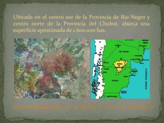 Ubicada en el centro sur de la Provincia de Río Negro y
centro norte de la Provincia del Chubut, abarca una
superficie aproximada de 1.600.000 has.




Sus coordenadas son 41° 21’ de Lat. S y 67° 04’ de Long. O.
 