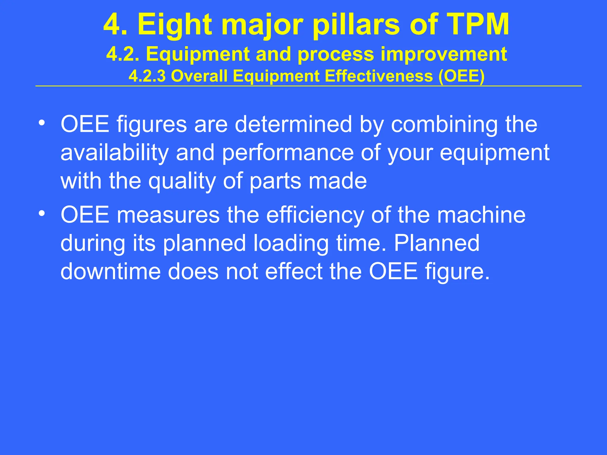 4. Eight major pillars of TPM
4.2. Equipment and process improvement
4.2.3 Overall Equipment Effectiveness (OEE)
• OEE figures are determined by combining the
availability and performance of your equipment
with the quality of parts made
• OEE measures the efficiency of the machine
during its planned loading time. Planned
downtime does not effect the OEE figure.
 