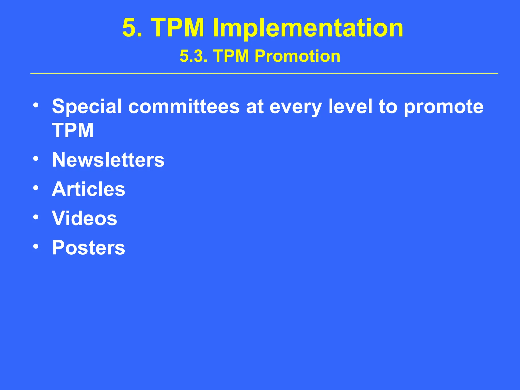 5. TPM Implementation
5.3. TPM Promotion
• Special committees at every level to promote
TPM
• Newsletters
• Articles
• Videos
• Posters
 