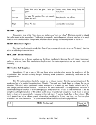 Less than once per year, Once per Throw away, Store away from the
       Low
                        year<                             workplace

                        At least 2/6 months, Once per month,
       Average                                               Store together but offline
                        Once per week

       High             Once Per Day                            Locate at the workplace


SEITON - Organise:

       The concept here is that "Each items has a place, and only one place". The items should be placed
back after usage at the same place. To identify items easily, name plates and coloured tags has to be used.
Vertical racks can be used for this purpose, and heavy items occupy the bottom position in the racks.

SEISO - Shine the workplace:

       This involves cleaning the work place free of burrs, grease, oil, waste, scrap etc. No loosely hanging
wires or oil leakage from machines.

SEIKETSU - Standardization:

      Employees has to discuss together and decide on standards for keeping the work place / Machines /
pathways neat and clean. This standards are implemented for whole organization and are tested / Inspected
randomly.

SHITSUKE - Self discipline:

        Considering 5S as a way of life and bring about self-discipline among the employees of the
organization. This includes wearing badges, following work procedures, punctuality, dedication to the
organization etc.

          This 5S implementation has to be carried out in phased manner. First the current situation of the
workplace has to be studied by conducting a 5S audit. This audit uses check sheets to evaluate the current
situation. This check sheet consists of various parameters to be rated say on a 5-point basis for each 'S'.
The ratings give the current situation. The each of the above-mentioned 5S is implemented and audit is
conducted at regular intervals to monitor the progress and evaluate the success of implementation. After the
completion of implementation of 5S random audits could be conducted using these check sheets to ensure
that it is observed in true spirits by every one in the work place. A sample check sheet is shown below. The
check sheet shown below takes a general industry into consideration. It may vary from even from one plant
to another, and more exhaustive. The points shown below could be used as rough guidelines.

 1-S                                    SEIRI (Sorting out)                                    Score on 5
                                                                                               point basis




J. Venkatesh                              Monday, April 16, 2007                                          10
 