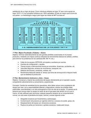 MPT: MANTENIMIENTO PRODUCTIVO TOTAL




  satisfacción de un lo
                      ogro de grupo Como indiv
                                  o.           viduos aislado se logra “X pero como equipo se
                                                            os           X”
  logra “X
         XYZ”>> X; los conceptos holísticos son 100% aplica
                      s           h            n            ables -El todo es mayor qu la suma de
                                                                                     ue         e
  sus partes-. La metoodología a se
                                  eguir para lograr las metas de MPT se b
                                                            s             basa en:




  1° Pila Mejora Fo
        ar:           ocalizada o Kobetsu – Ka
                                  K            aizen.
  Objetiv Eliminar sistemáticame
        vo:                       ente las seis grandes pérdiidas ocasiona
                                                g                        adas en el pro
                                                                                      oceso
  producctivo, mediant una mejora continua utilizando las he
                       te         a                         erramientas bbásicas de calidad y anális
                                                                                                   sis,
  para elliminar los pro
                       oblemas de ra (Ishikawa 6M, 5W 1H, etc.):
                                   aíz

             Fallas de los equipos CRÍTICOS, principales y auxiliares po averías.
                     d             s                                     or
             Cambio de configur
                     os            ración y ajust
                                                tes.
             Tiempo ocioso e inte errupciones breves por anoomalías. Ause
                                                                         encias, accidentes, etc.
             Velocidad Reducida, excesos de movimientos , transporte, e
                                   ,                                     etc.
             Defecto del Proceso emisiones, vertidos, etc
                     os             o,                      c.
             Rendimmiento Reducido debido al tiempo que t  toma del arranque de la máquina hasta a
              que se estabiliza la producción.
                                   p

  2° Pila Mantenim
        ar:         miento Autóno omo o Jishu – Hozen.
                                             u
  Objetiv Conservar y mejorar las condiciones del equipo d
        vo:           r           s           s           directamente por el operad usuario,
                                                                                   dor
  compa artiendo adicio
                      onalmente su conocimiento y experienc
                                              o           cias.

  Concepto: Cambio de mentalidad de los operadores, ellos deben actuar como propie
                      d            d                                                    etarios del
  equipo que usan, es su responsa
       o              s            abilidad detec y diagnos
                                                ctar          sticar a tiemp las posibles fallas
                                                                           po           s
  potenc
       ciales, previnié
                      éndolas y con ello prolong
                                   n            gando el ciclo de vida de su equipo. El operario es la
                                                                            u                        a
  person que conoce mejor su eq
       na             e           quipo en razón de ser el qu pasa más tiempo con é y por lo
                                                              ue                       él
  mismo, el más califiicado para reconocer cualq quier pequeñ a variación de su comport tamiento
  normal con solo estar al pendien de limpiar lubricar y re
        l,                         nte          r,           evisar logrand evitar:
                                                                           do

             Desgasstes excesivos por forzamie
                                 s            entos y sobre
                                                          ecargas.
             Contam
                   minación del producto por agentes exter
                                p            a            rnos o exceso de aceite, g
                                                                        os          grasa, etc.
             Desplaz
                    zamiento del equipo por vibraciones exxcesivas.
             Ruptura de partes po tensiones o aprietes exc
                    a            or                        cesivos, inade
                                                                        ecuado torque.




                                                                       RAFAEL CARLOS CABRERA CALVA        21
 