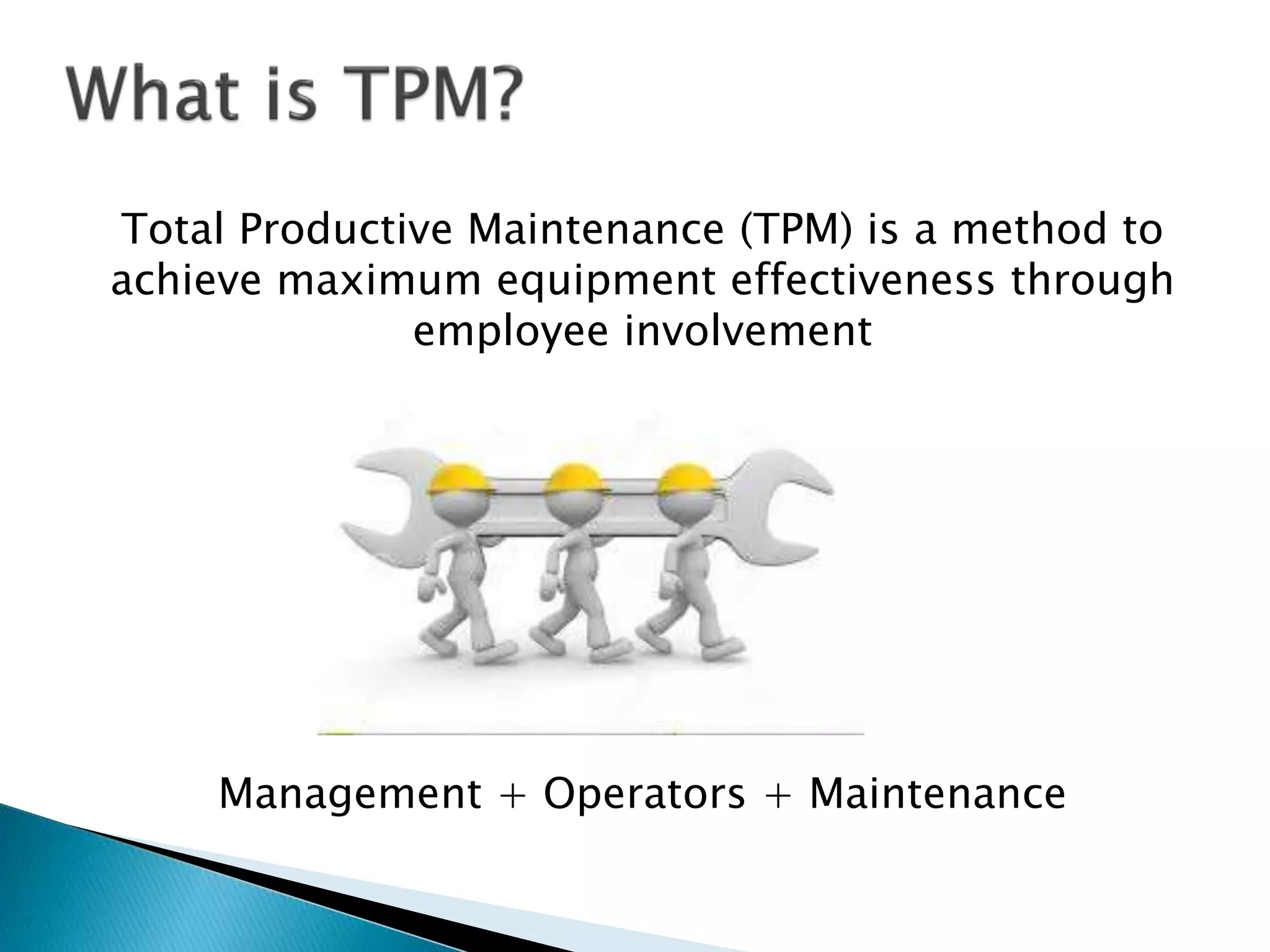 Total Productive Maintenance (TPM) is a method to
achieve maximum equipment effectiveness through
employee involvement
Management + Operators + Maintenance
 