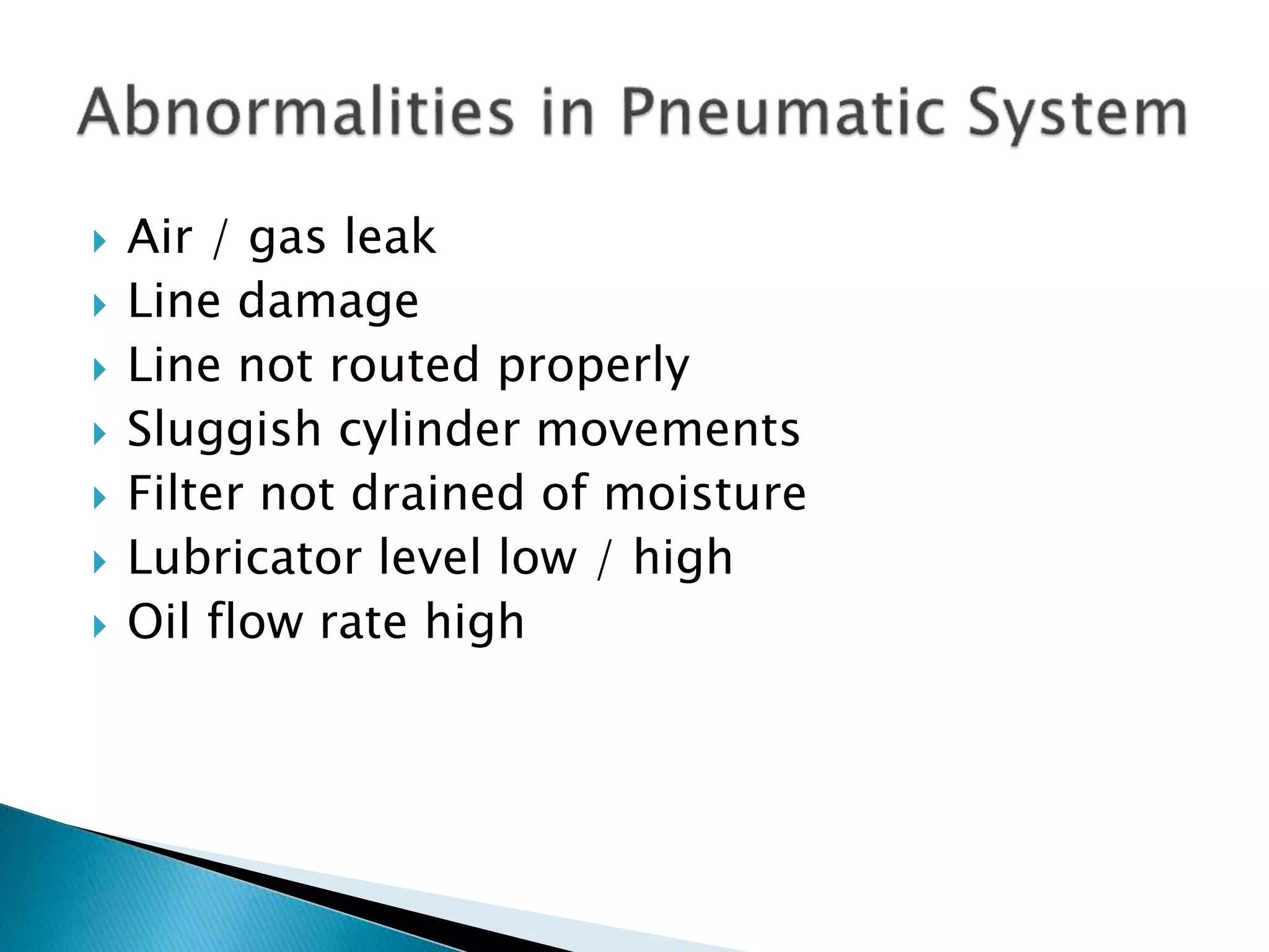  Air / gas leak
 Line damage
 Line not routed properly
 Sluggish cylinder movements
 Filter not drained of moisture
 Lubricator level low / high
 Oil flow rate high
 